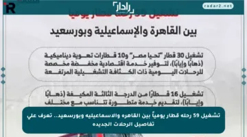 تشغيل 59 رحلة قطار يومياً بين القاهرة والإسماعيلية وبورسعيد.. تعرف على تفاصيل الرحلات الجديدة